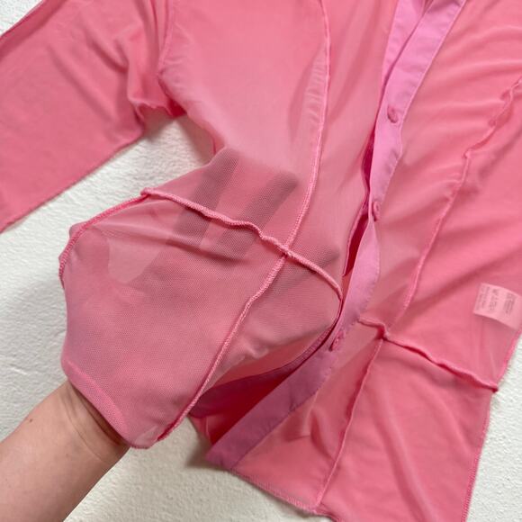 Shein Mesh Patchwork Button Up Pink Long Sleeve Top, Size Small - Picture 4 of 7